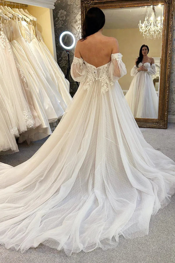 Buyishang Ivory Tulle A-Line Long Wedding Dress with Train