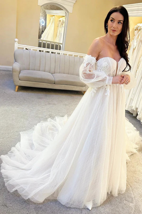 Buyishang Ivory Tulle A-Line Long Wedding Dress with Train