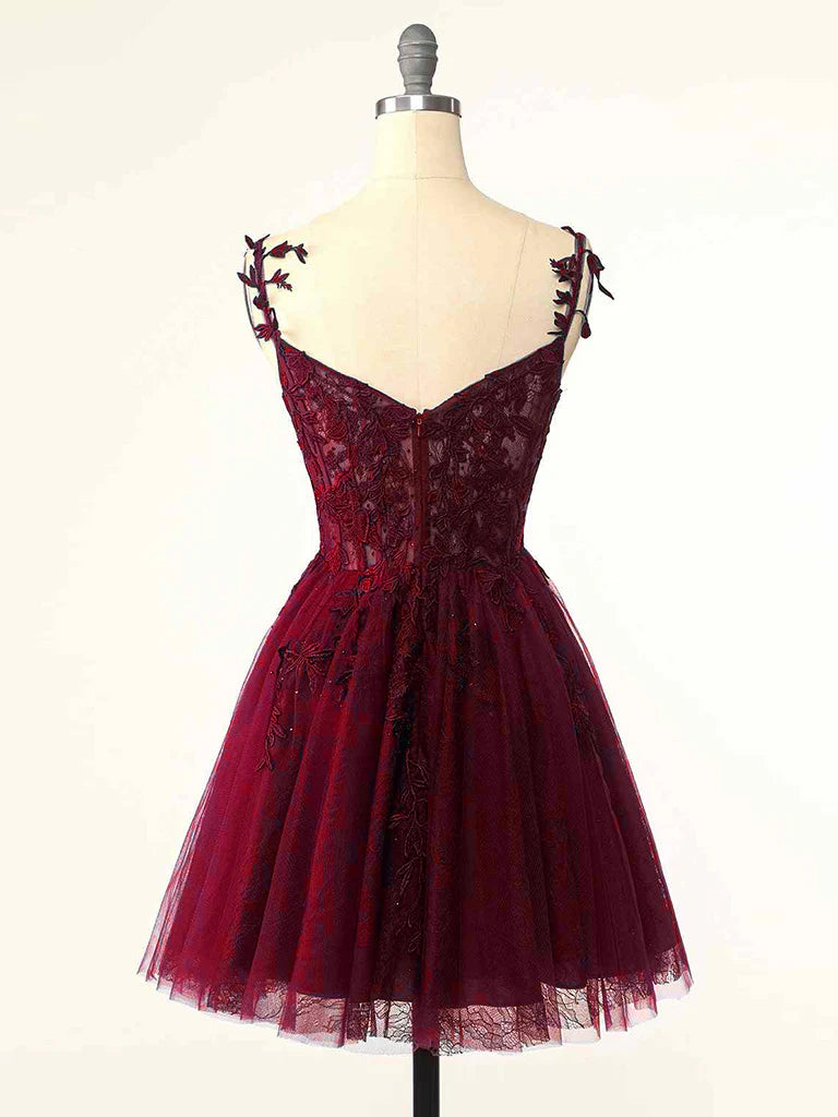 Buyishang Burgundy A-Line Tulle Lace Short Prom Dress Cute Burgundy Homecoming Dress