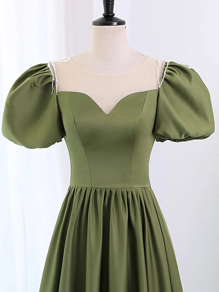 Buyishang A-Line Scoop Neckline Puff Sleeves Satin Long Green Prom Dress Green Formal Dress