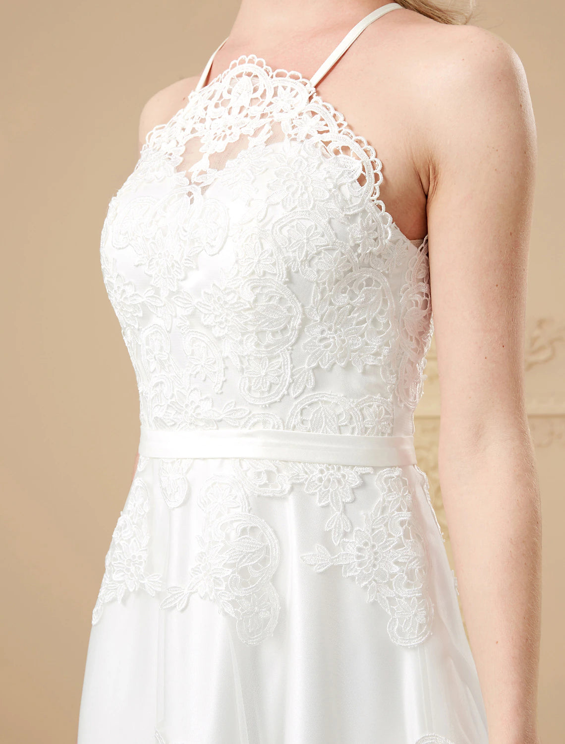 A-Line Wedding Dresses Asymmetrical Simple Spaghetti Strap Halter Tulle With Sashes