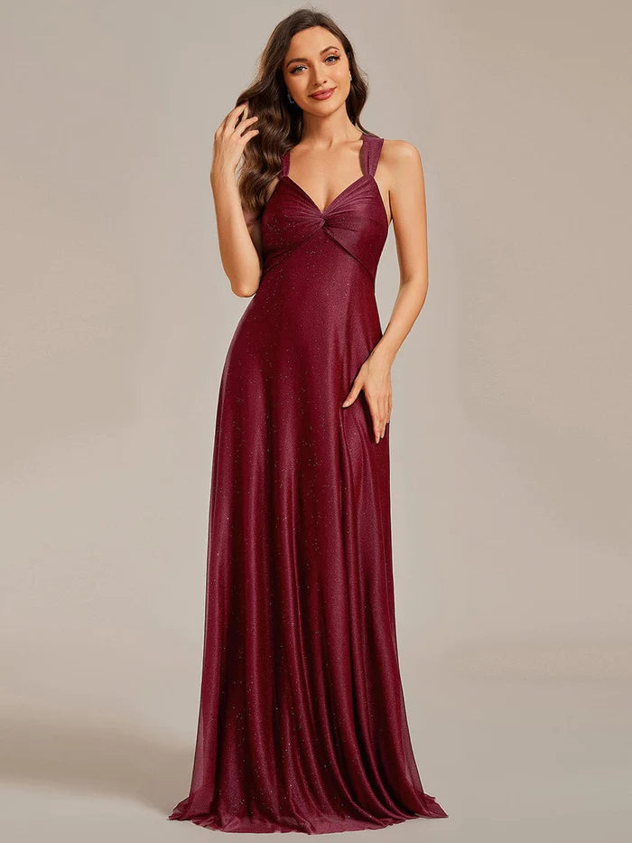 Glittery Pleated V-neck Adjustable Back Lace-Up Sleeveless Bridesmaid Dress/Prom Dresses