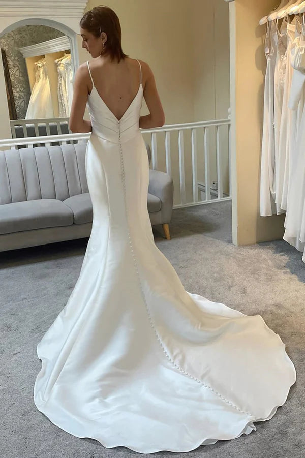 Buyishang Ivory Spaghetti Strap Backless Mermaid Long Wedding Dress