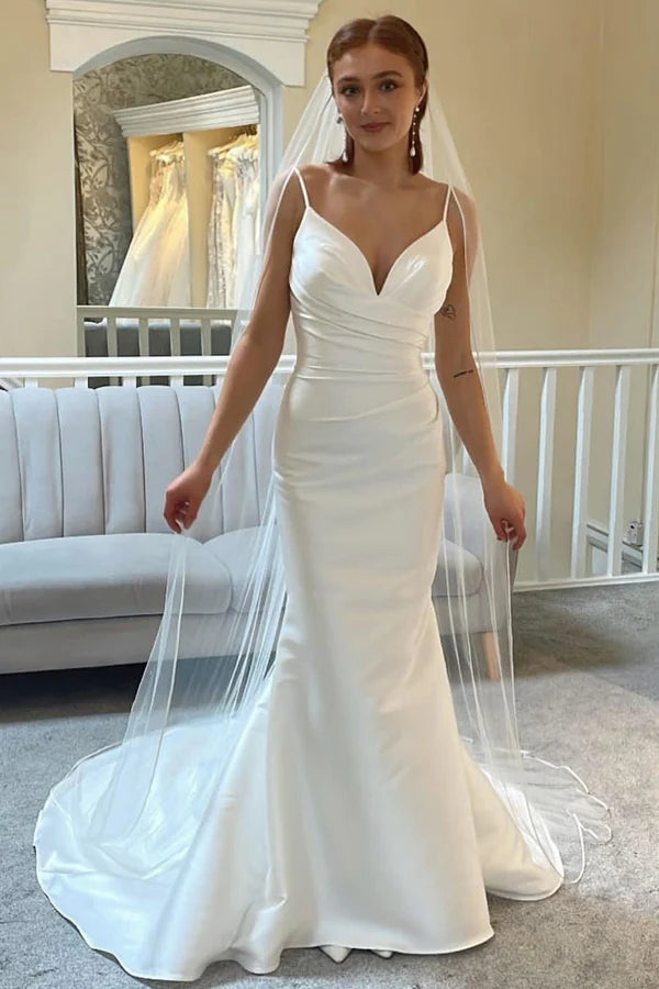 Buyishang Ivory Spaghetti Strap Backless Mermaid Long Wedding Dress