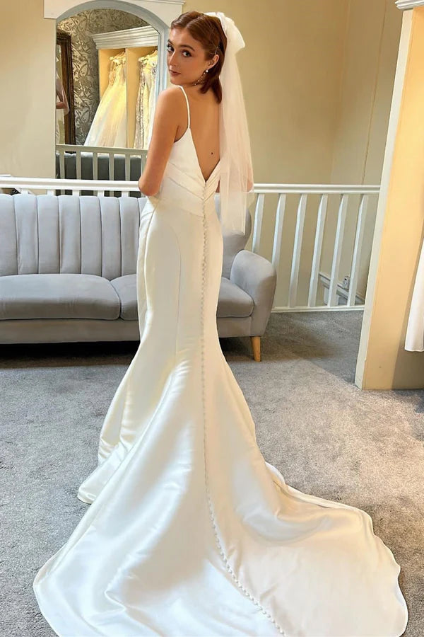 Buyishang Ivory Spaghetti Strap Backless Mermaid Long Wedding Dress