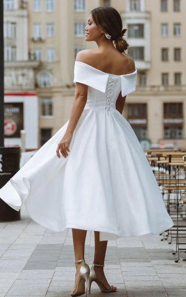 Buyishang A-Line Satin Tea Length White Off the Shoulder Wedding Dress