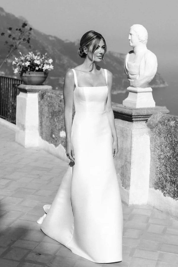 Buyishang Simple Mermaid Square Neck Satin Wedding Dresses