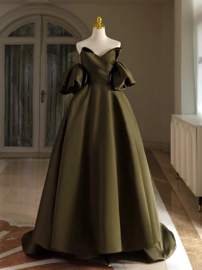 Buyishang A-Line Puff Sleeves Olive Green Satin Long Prom Dress Olive Green Long Formal Dress