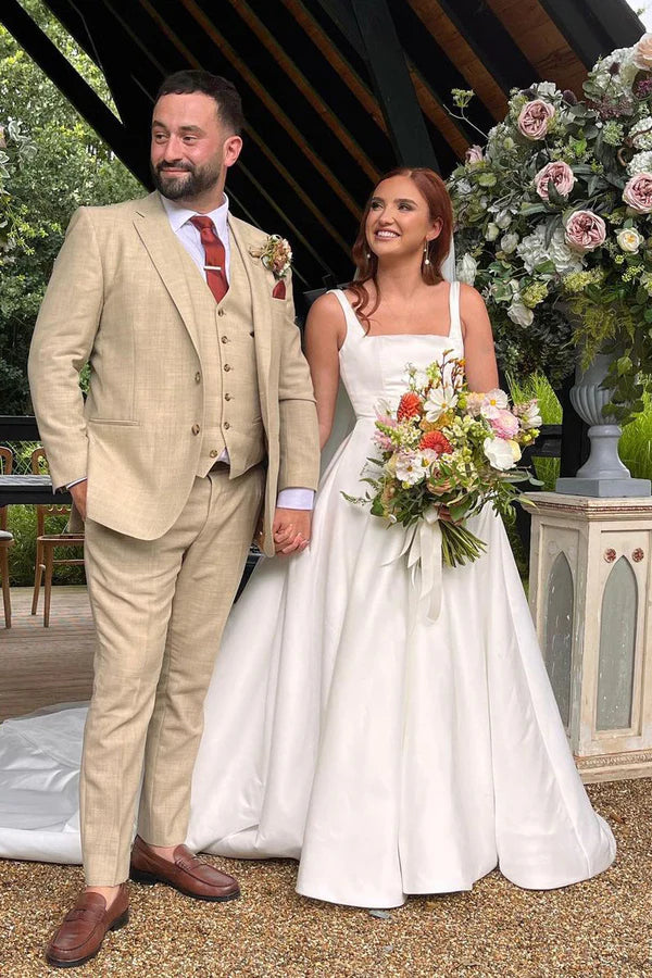 Buyishang Elegant Square Neck White Satin Wedding Dresses