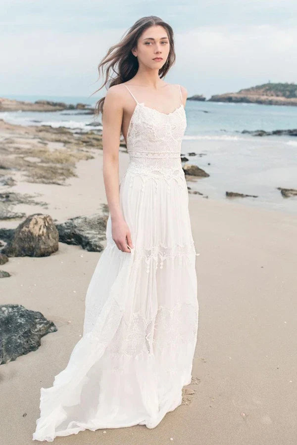 Buyishang Spaghetti Sleeveless Chiffon Beach Boho Wedding Dress