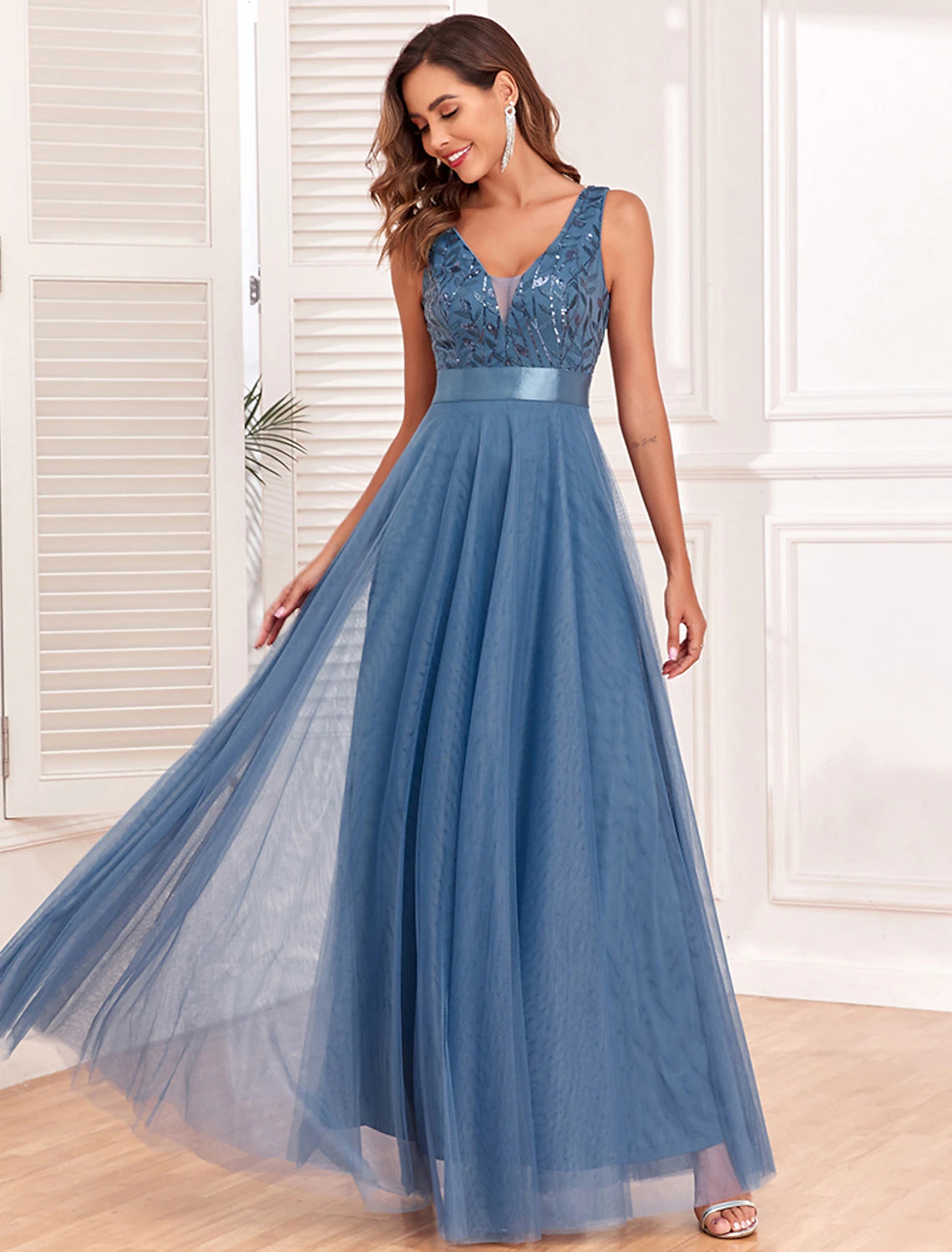 A-Line Evening Gown Empire Dress Evening Party Prom Floor Length Sleeveless V Neck
