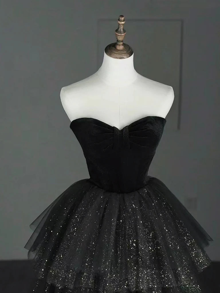 Buyishang A-Line Sweetheart Neck Tulle Velvet Black Long Prom Dress Black Evening Dress