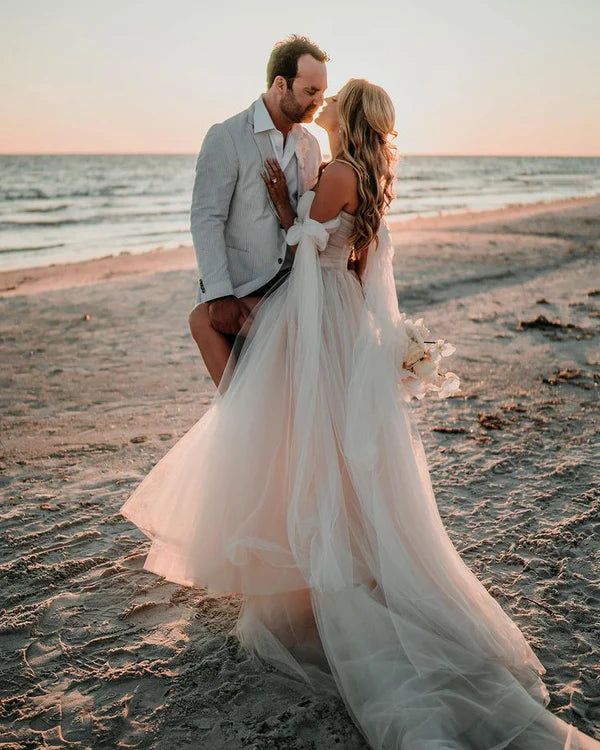 Buyishang Fairy Off the Shoulder Tulle Wedding Dresses with Slit