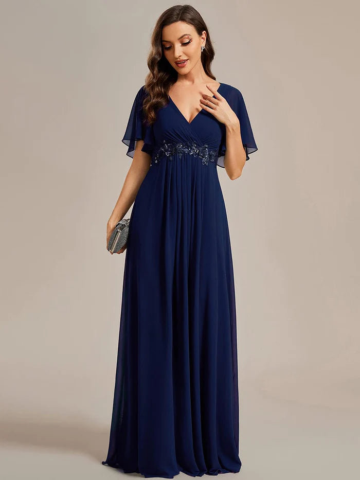 Ruffles Sleeve A-Line Chiffon Waist Applique Maxi Evening Dress/Prom Dresses