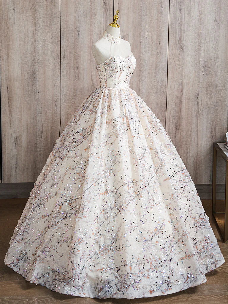 Buyishang A-Line High Neck Lace Champagne Long Prom Dress Champagne Long Formal Dress