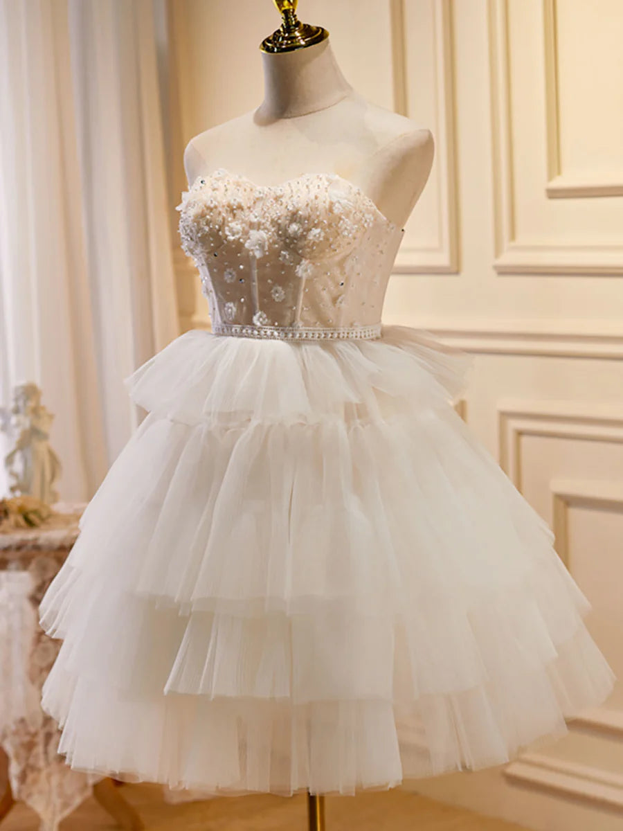 Buyishang Beige Sweetheart Neck Tulle Puffy Short Prom Dress Beige Homecoming Dress