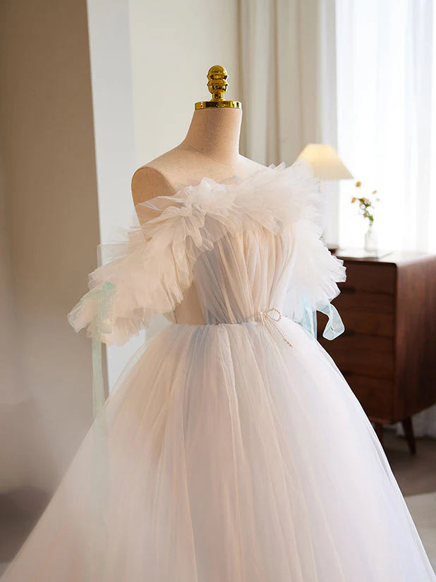 Buyishang White A-Line Tulle Long Prom Dress White Formal Dress