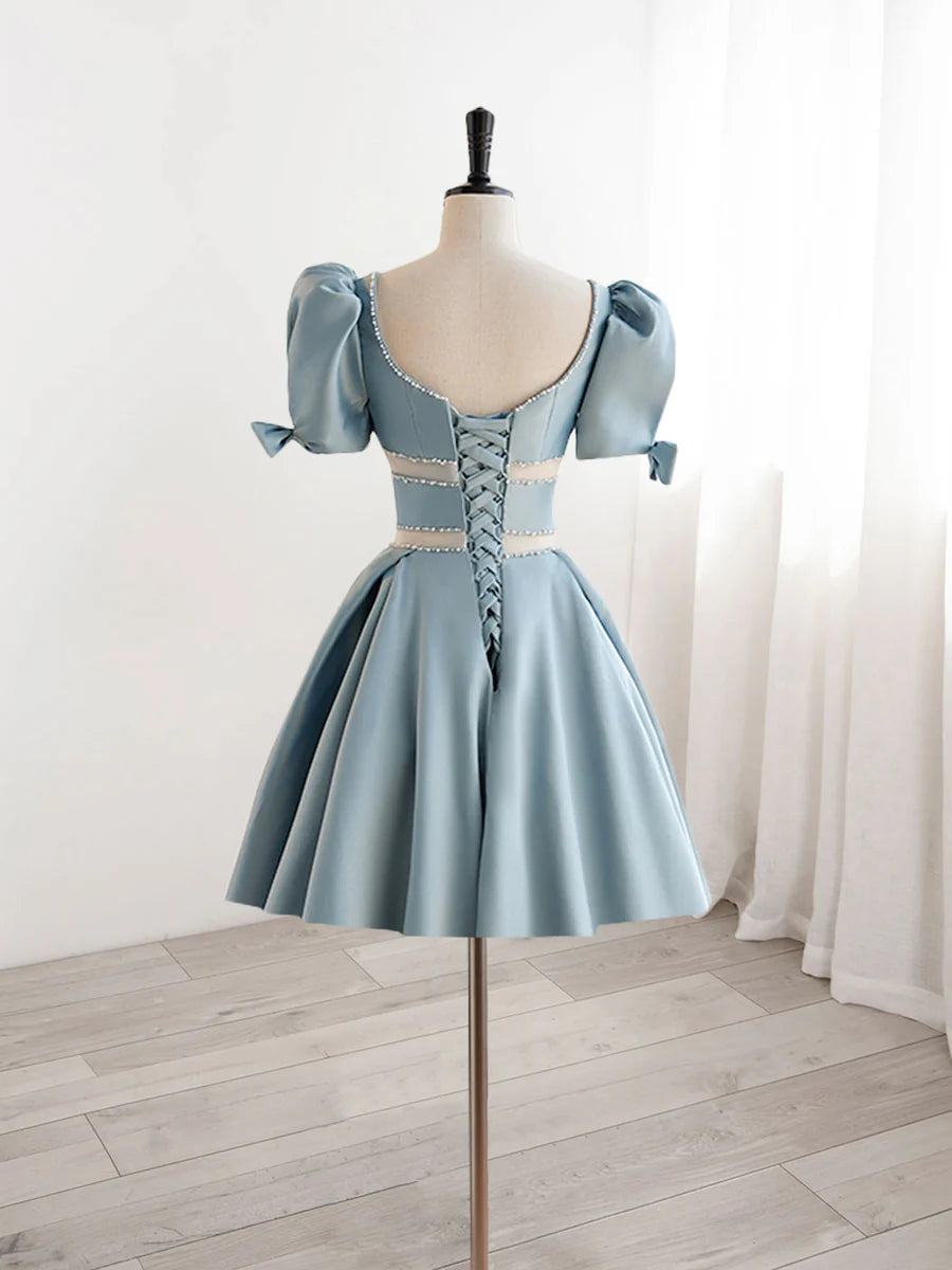 Buyishang A-Line Square Neckline Blue Short Prom Dress Cute Blue Homecoming Dress