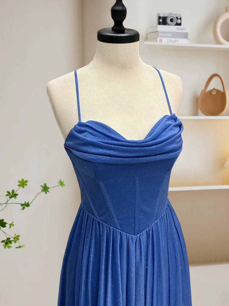 Buyishang A-Line Sweetheart Neck Blue Long Prom Dress Backless Blue Long Evening Dress