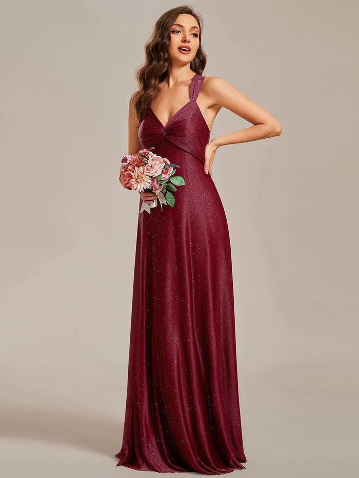Glittery Pleated V-neck Adjustable Back Lace-Up Sleeveless Bridesmaid Dress/Prom Dresses