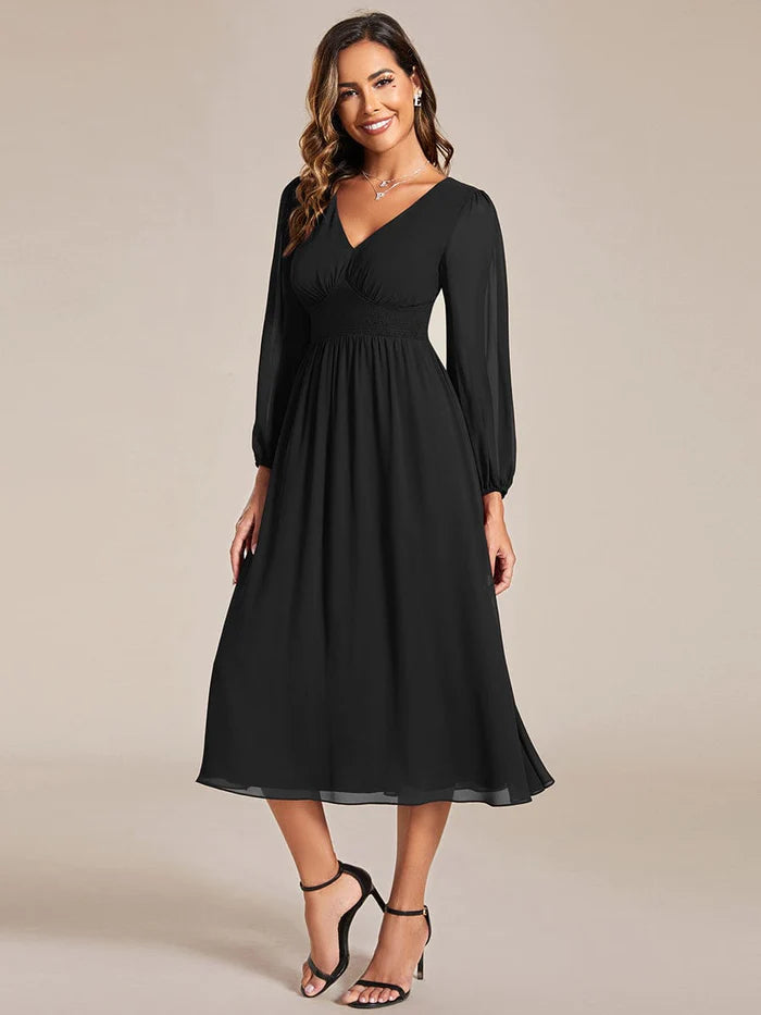 Chiffon V-Neck Long Sleeves  Band Midi Wedding Guest Dress