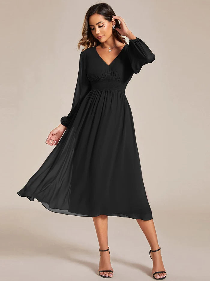 Chiffon V-Neck Long Sleeves  Band Midi Wedding Guest Dress