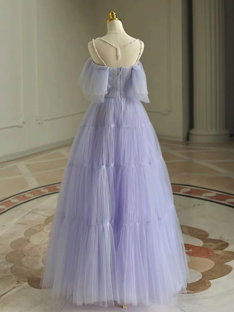 Buyishang A-Line Tulle Purple Long Prom Dress Purple Long Graduation Dress
