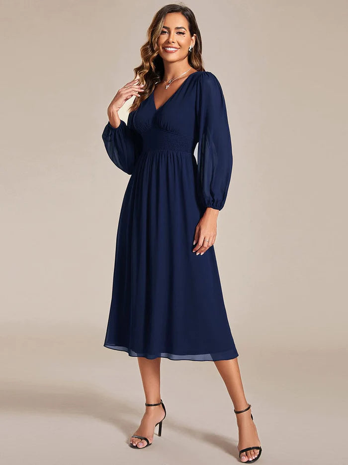Chiffon V-Neck Long Sleeves  Band Midi Wedding Guest Dress