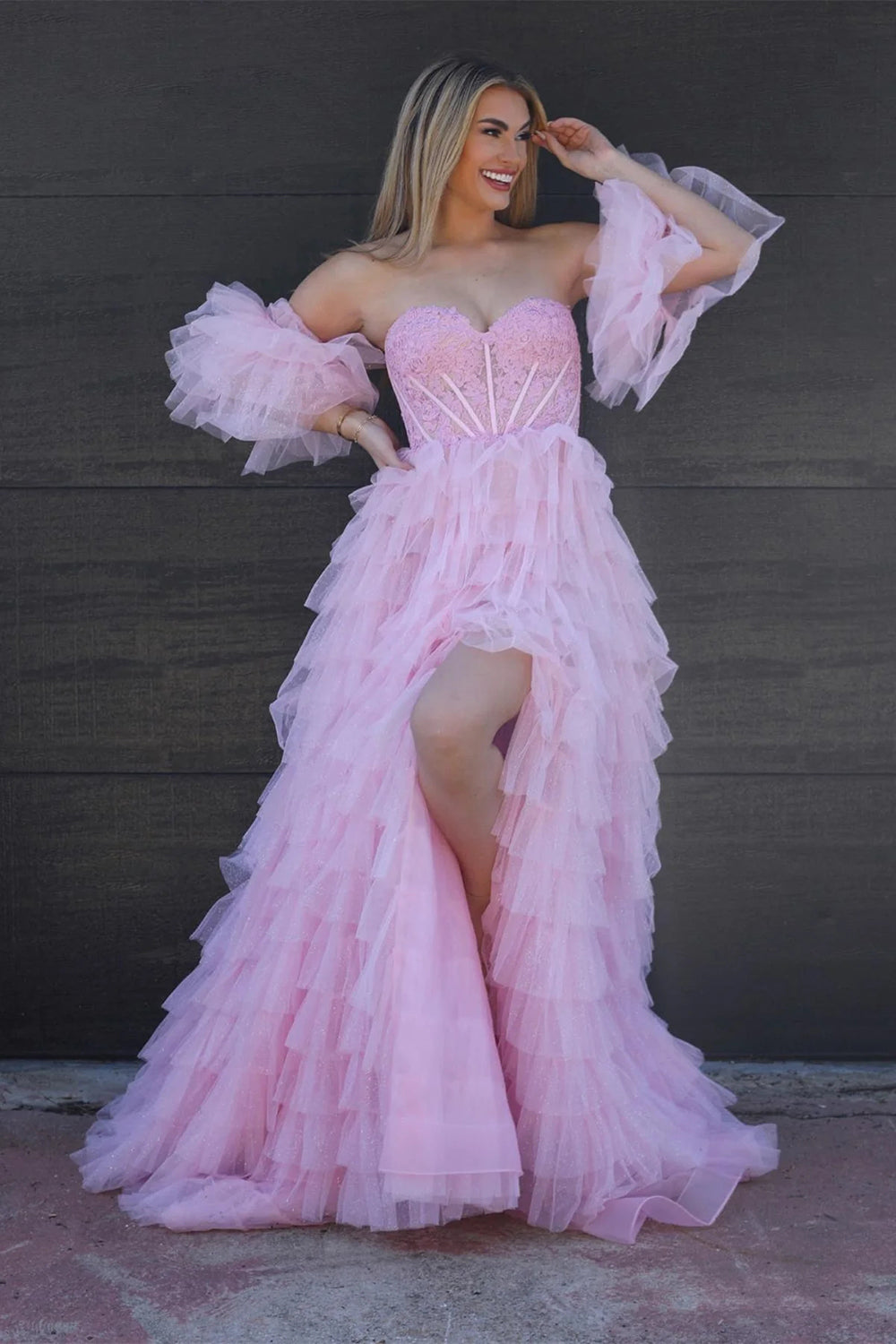 Princess A Line Sweetheart Pink Corset Prom Dress with Ruffles Split Front