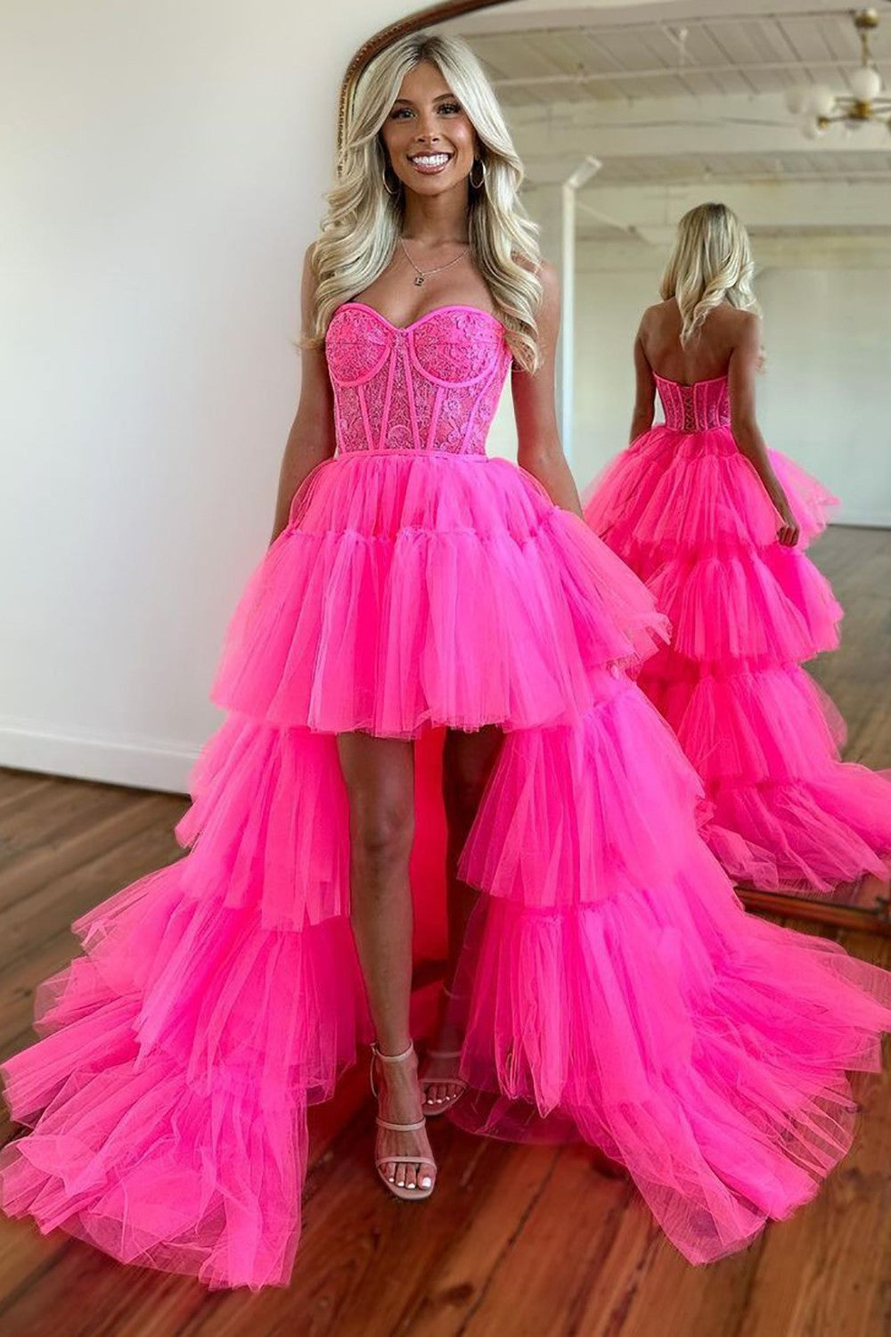 Cute Hot Pink High-Low Sweetheart Long Tulle Prom Party Dress
