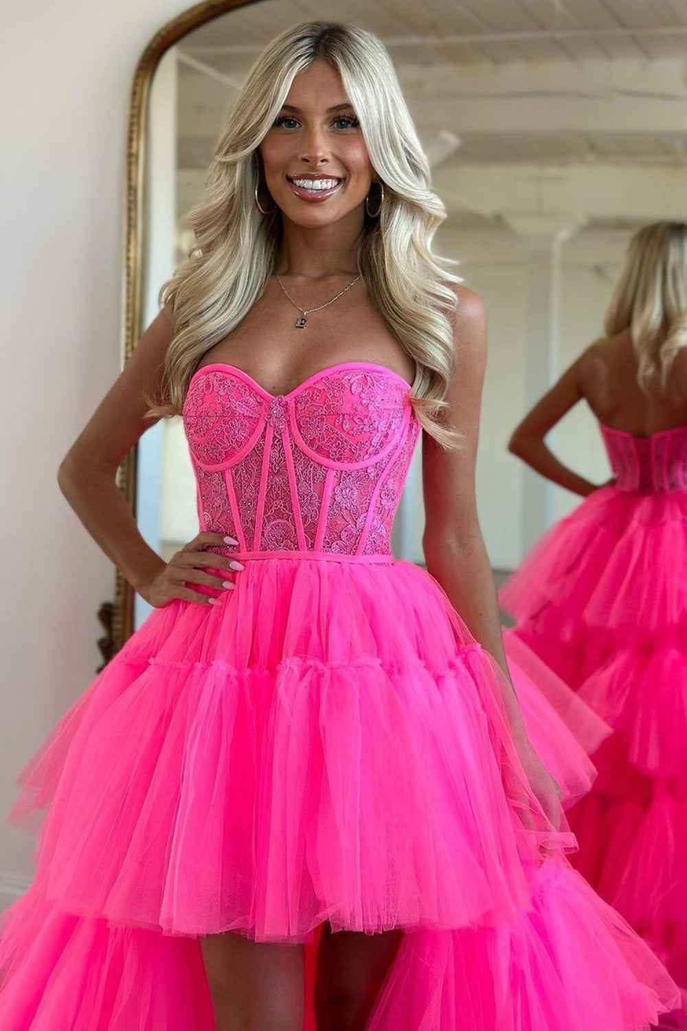 Cute Hot Pink High-Low Sweetheart Long Tulle Prom Party Dress