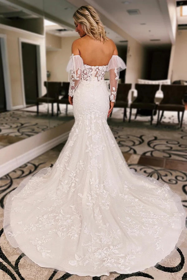 Buyishang White Floral Lace Sweetheart Mermaid Wedding Dress with Detachable Sleeves