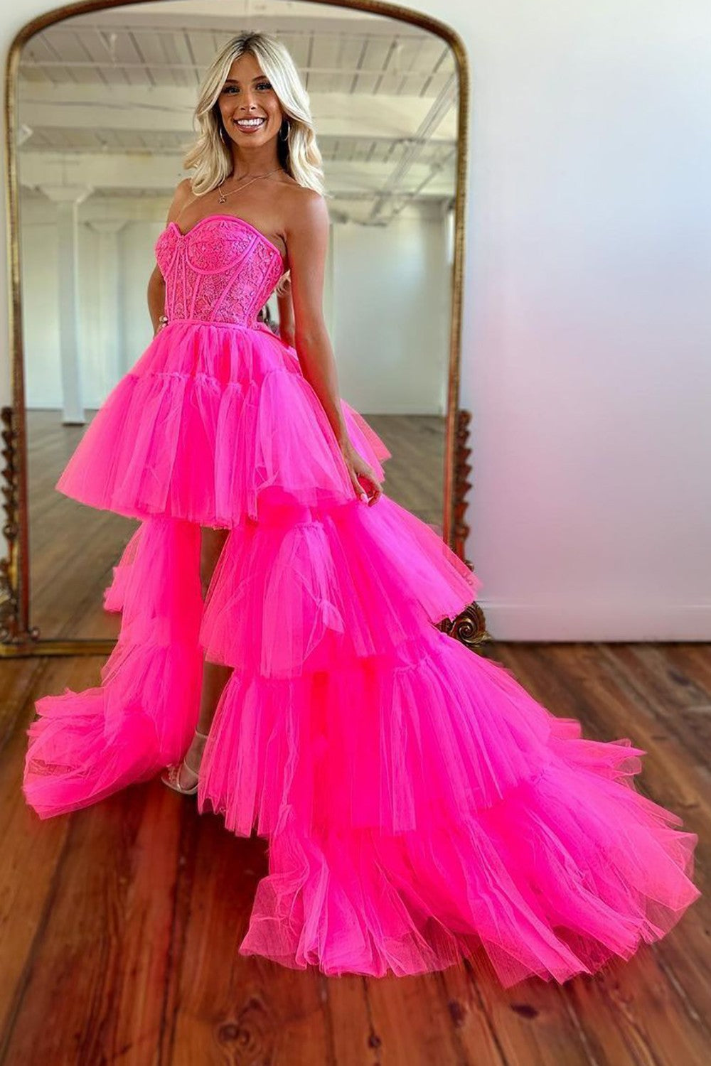 Cute Hot Pink High-Low Sweetheart Long Tulle Prom Party Dress