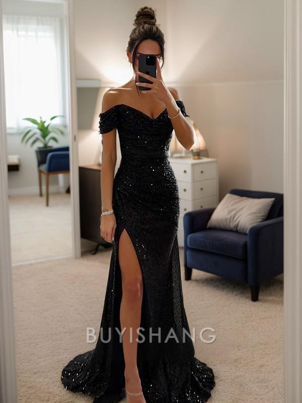 Buyishang Sheath/Column Ruched Off-the-Shoulder Sleeveless Sweep/Brush Train Dresses