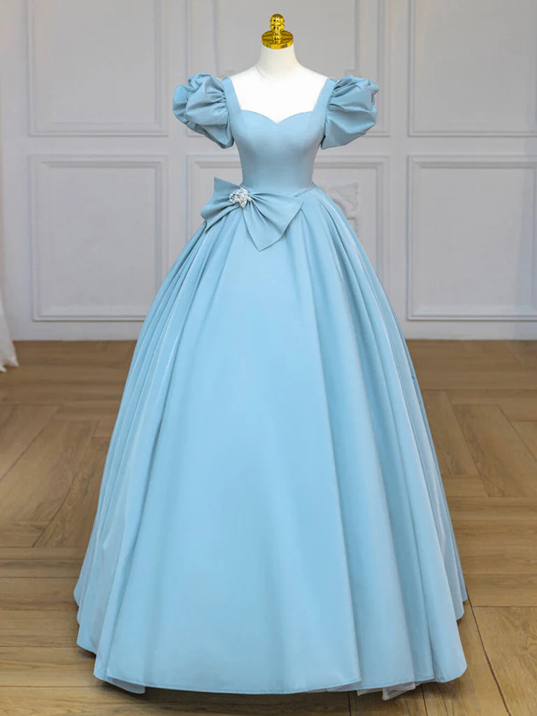 Buyishang Blue Satin Puff Sleeves Long Prom Gown Blue Long Sweet 16 Dress