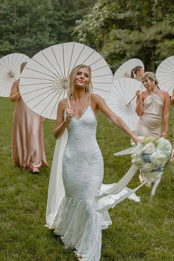 Buyishang Boho Mermaid V Neck Lace Wedding Dresses