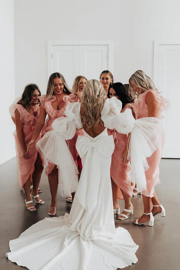 Buyishang Fairy Mermaid Satin Long Wedding Dresses with Long Sleeves