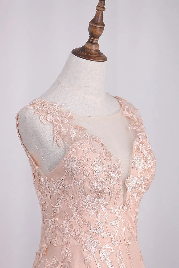 A Line  Satin Straps Party Dresses With Slit Sweep Train