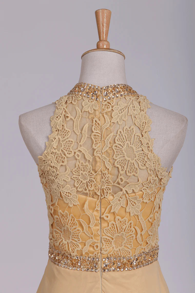 A Line High Neck Party Dresses Chiffon & Lace With Beads Sweep Train