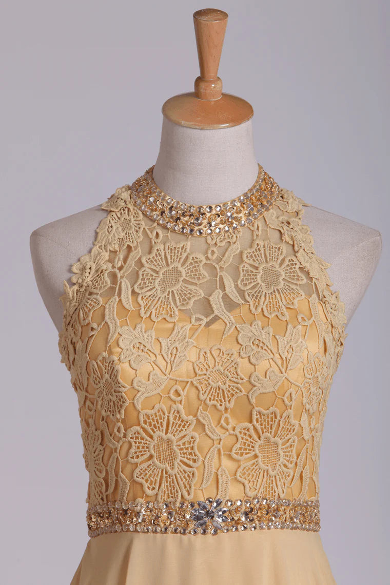 A Line High Neck Party Dresses Chiffon & Lace With Beads Sweep Train