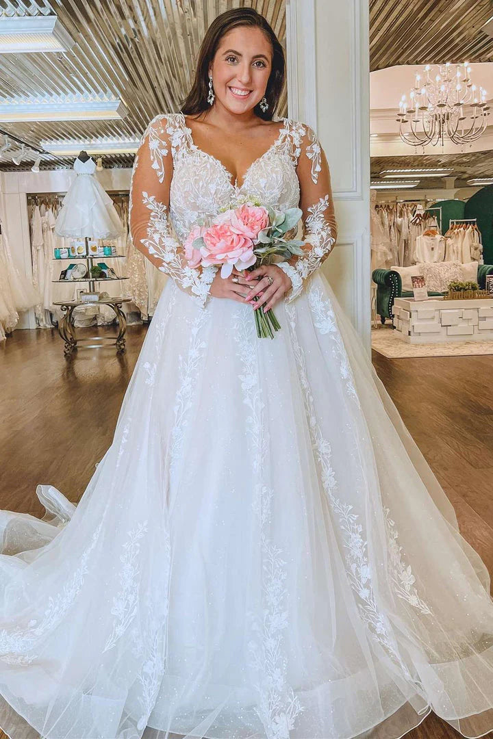 A-Line Lace Appliques V Neck Tulle Long Sleeve Covered Buttons Wedding Dresses