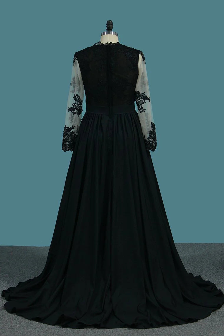 A Line Long Sleeves V Neck Party Dresses With Applique And Slit