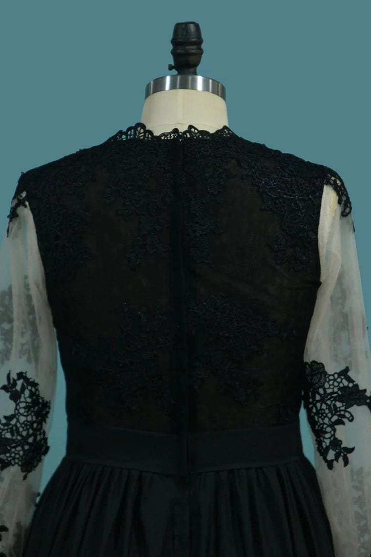 A Line Long Sleeves V Neck Party Dresses With Applique And Slit