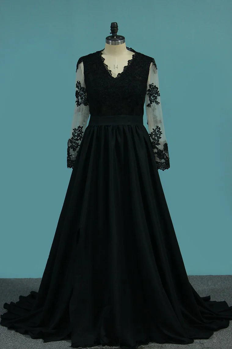 A Line Long Sleeves V Neck Party Dresses With Applique And Slit