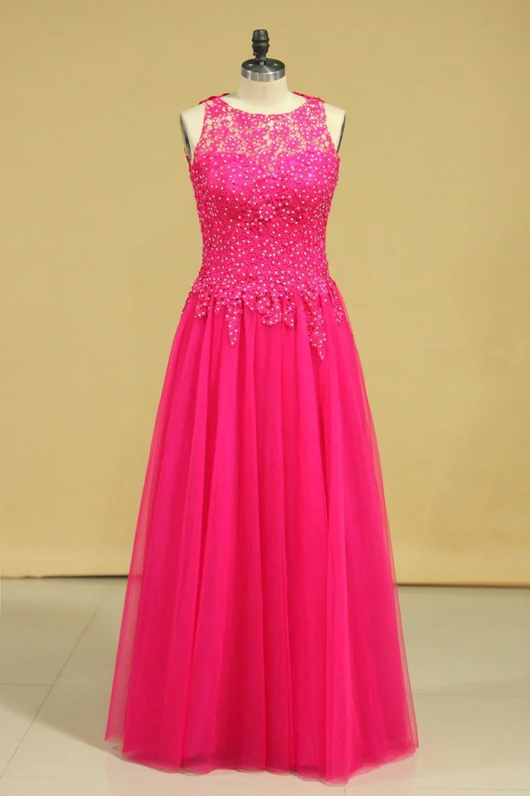 A Line Open Back Scoop Party Dresses Tulle With Applique & Beading Floor Length