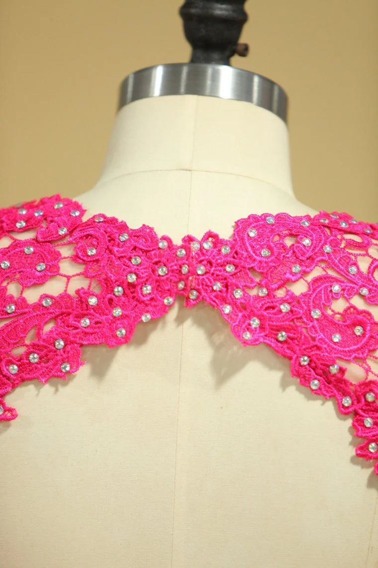 A Line Open Back Scoop Party Dresses Tulle With Applique & Beading Floor Length