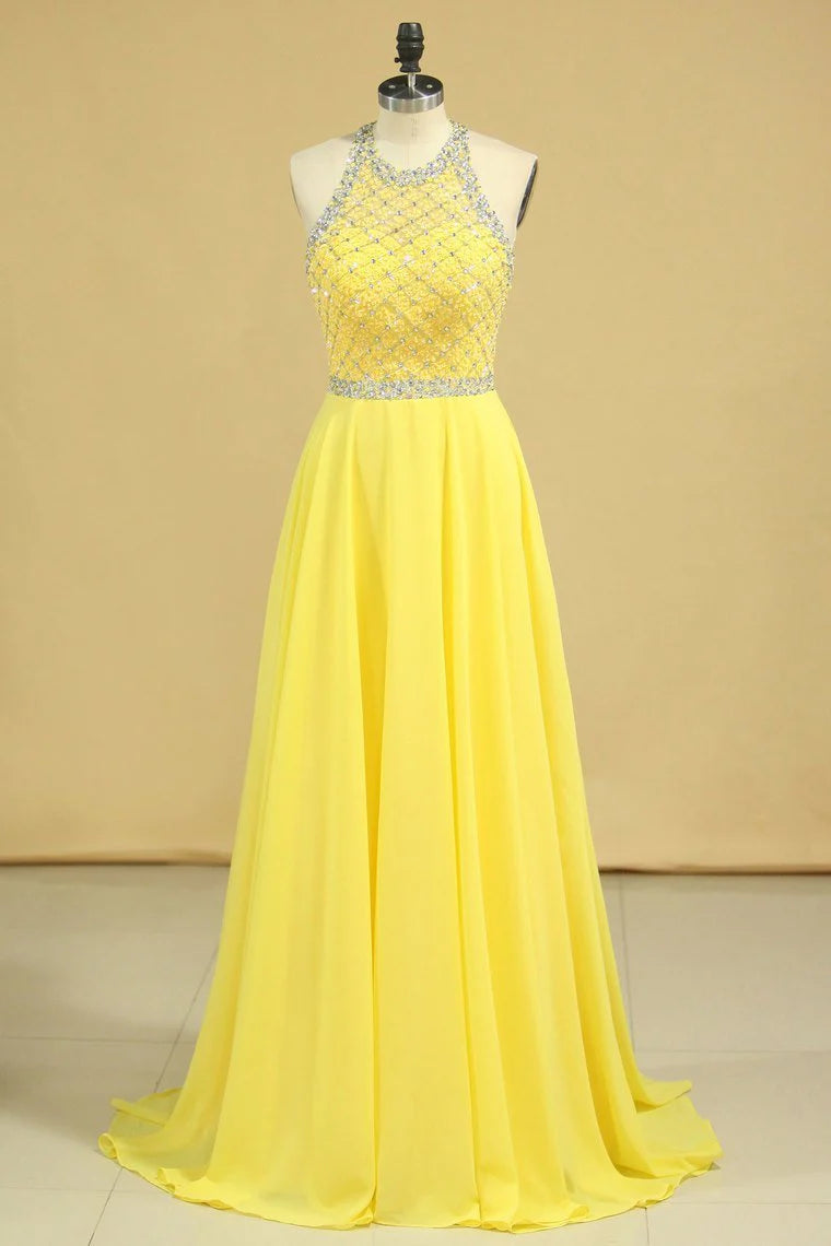 A Line Party Dresses Halter Beaded Bodice Open Back Sweep Train