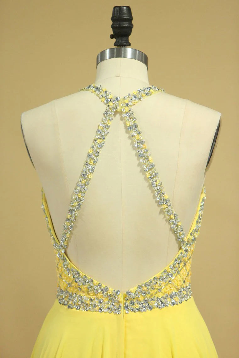 A Line Party Dresses Halter Beaded Bodice Open Back Sweep Train