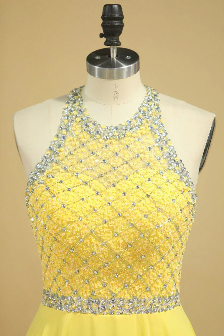 A Line Party Dresses Halter Beaded Bodice Open Back Sweep Train