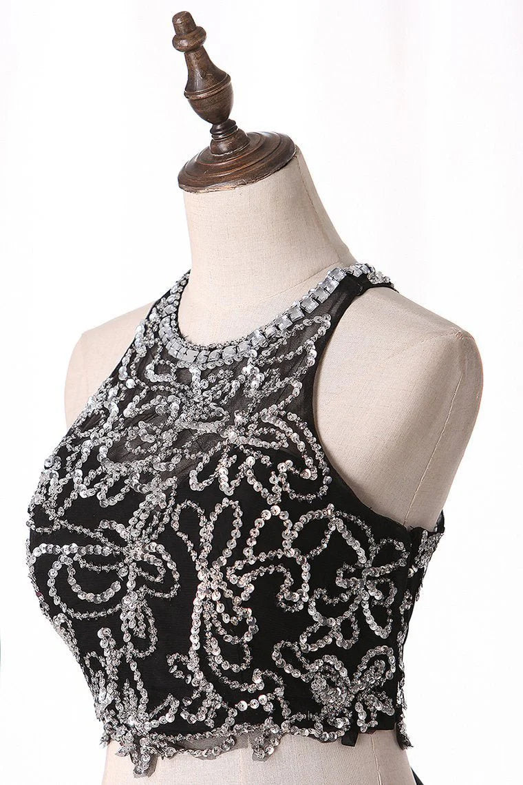 A Line Party Dresses Scoop Beaded Bodice Chiffon Two Pieces